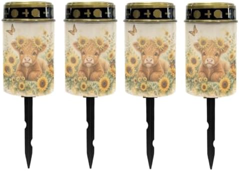 Poceacles Solar Lights Outdoor Waterproof Grave Lights for Cemetery LED Flameless Candle Cemetery Solar Pillar Candles Outdoor Decor, Highland Cow Sunflower Butterfly, Set of 4 by Poceacles