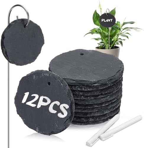Colingmill 12 Sets Plant Labels Slate Plant Tags Garden Sign Marker Weatherproof Reusable Natural Slate Garden Sign Hanging Tag with Metal Stake and Pen for Outdoor Flower Vegetable(Oval) by Colingmill