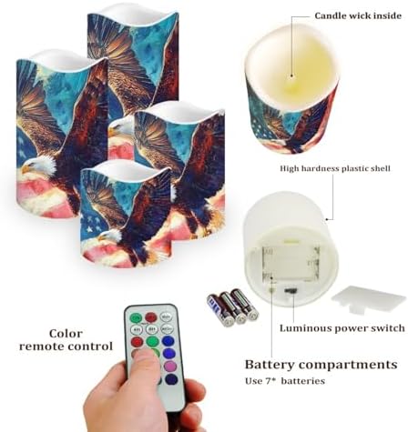 USA Eagle Flag Flameless Candles LED Pillar Candles Battery Operated Candles with Remote and Timers Color Changing Electric Fake Plastic Candles Patriotic Decoration Decor Set of 4 - Image 3