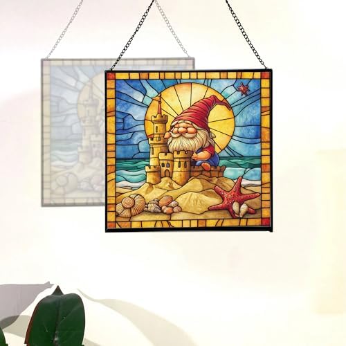 Beach Day Gnome Stained Glass Suncatcher – Square Hanging Window Panel for Home or Greenhouse – Whimsical Glass Art Gift for Garden Lovers, Christmas, Halloween, Father Days G18PX1 - Image 4