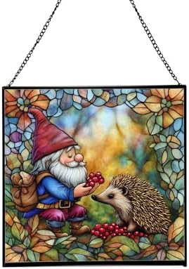 Gnome and Hedgehog Friends Stained Glass Suncatcher – Square Hanging Window Panel for Home or Greenhouse – Whimsical Glass Art Gift for Garden Lovers, Christmas, Halloween, Father Days 3plY32 by Custom