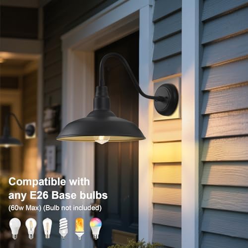 14in Dome Large Outdoor Barn Lights, Black Exterior with Gold Interior Gooseneck Light Fixture, Outside Wall Mount Industrial Sconce for Porch Farmhouse Garage Front Door Patio Entryway - Image 7