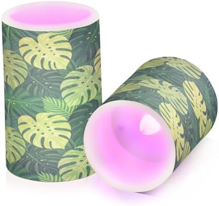 Boho Chic Tropical Palm Leaves Flameless Candles with Remote Control Candles with Timer Waterproof Electronic Lights Glitter Led for Night Battery Operated Pillar 2-Piecing Set - Image 2