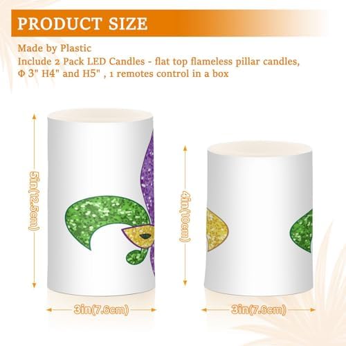 YETTASBIN Mardi Gras Flameless Candles with Remote Control and Timer, Adjustable Brightness Long Lasting Battery Operated LED Pillar Candles for Indoor Outdoor Party Home Decor, 2 Pack - Image 3