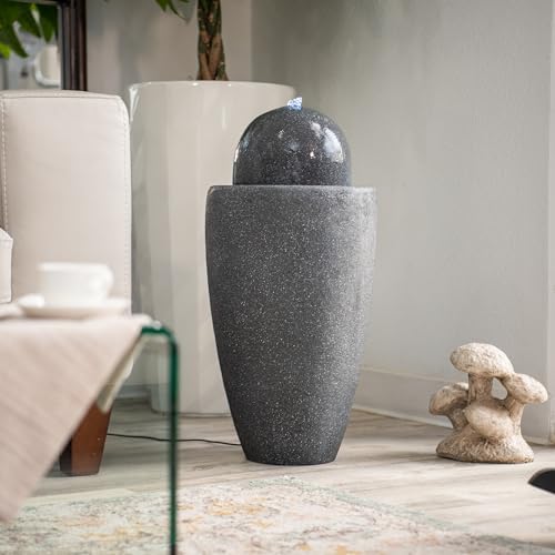 XBrand 26" Modern Sphere Water Fountain with LED Light – Indoor Outdoor Stone Texture Floor Fountain, Zen Bubbling Ball Water Feature for Garden Patio Porch - Gray - Image 4