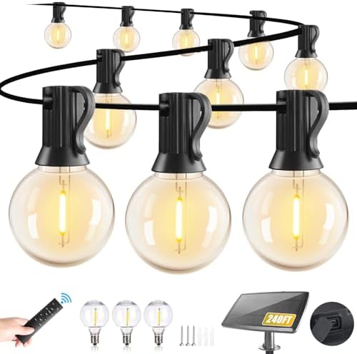 Yusist 240FT Solar String Lights Outdoor Waterproof with Remote, G40 Solar Powered String Lights with 80+3 LED Shatterproof Bulbs, Dimmable Solar Patio Hanging Lights for Outside Backyard Party by Yusist