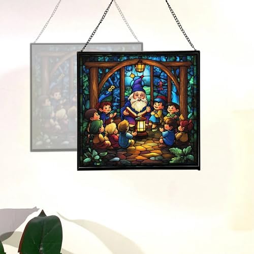 Gnome Storyteller Stained Glass Suncatcher – Square Hanging Window Panel for Home, Garden, Nursery, Halloween, Christmas, Memorial Day – Whimsical Glass Art Gift for Gnome Lovers 0fy5t1 - Image 4