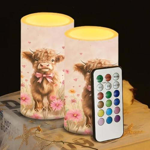 Valentines Day Flameless Candles Waterproof Battery Operated Candles with Timer Pack of 2 Pink Daisy Highland Cow Print LED Pillar Lights for Dining Table Decorations - Image 5