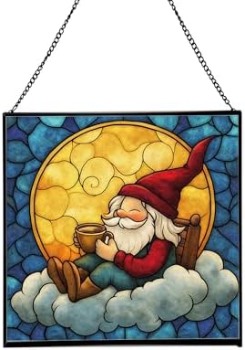 Cocoa by Moonlight Gnome Stained Glass Suncatcher – Square Hanging Window Panel for Home or Greenhouse – Whimsical Glass Art Gift for Garden Lovers, Christmas, Halloween, Father Days oK2gHR by Custom