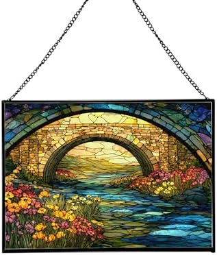 Rainbow Bridge Over Meadow Stream Rectangular Stained Glass Suncatcher – Hanging Window Panel with Animal & Nature Scene – Vibrant Glass Art Gift for Wildlife, Fantasy, Nature Lovers YSUv9u by Custom