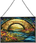 Rainbow Bridge Over Meadow Stream Rectangular Stained Glass Suncatcher – Hanging Window Panel with Animal & Nature Scene – Vibrant Glass Art Gift for Wildlife, Fantasy, Nature Lovers YSUv9u by Custom