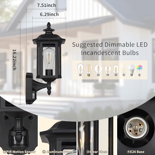 JYO 16" Motion Sensor Outdoor Wall Light Fixtures, Outdoor Wall Sconce with Seeded Glass & E26 Socket Matte Black Wall Mount Exterior Waterproof Wall Lantern for House Front Door Garage (01-BK-MA) - Image 5