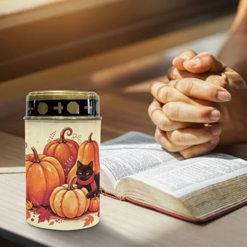 Poceacles Solar Candle Cemetery Solar Lights for Grave LED Garden Flameless Powered Pathway Lights for Halloween Party Decorations, Black Cat Pumpkin Autumn Leaf Print Beige, Pack of 2 - Image 5
