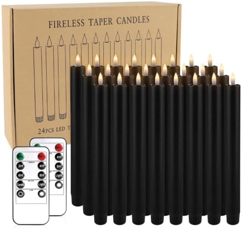 Black LED Taper Candles with Remote Timer, 24 Pack 9" Battery Operated Flameless Candles, 3D Flickering Flameless Taper Candles for Halloween Christmas Decor, Dinner Table Centerpiece, Wedding by fclayvts