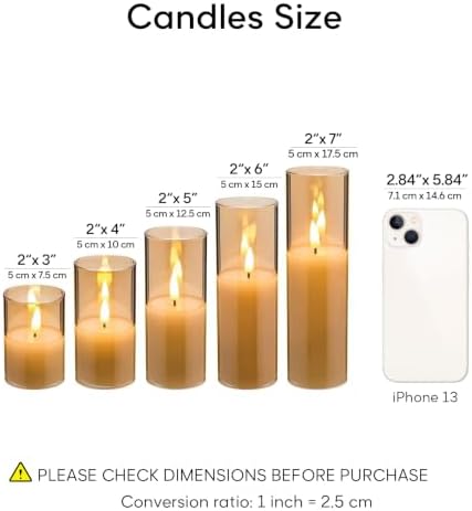 Eywamage Amber Gold Glass Flameless Pillar Candles with Remote Set of 5 - Image 2