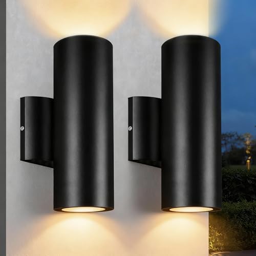 JO.KO Up Down Lights Outdoor, Cylinder Wall Lights 10.24" 2 Pack, 2700K Warm White Porch Light in 2 Lights, Matte Black Waterproof Wall Sconce, Aluminum Exterior Light Fixture Wall Mount by JOKO