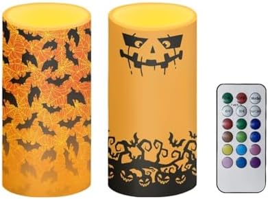 Halloween Day Battery Operated Candles with Color Changing Timer Remote Control Flameless Candles for Trick or Treat Party Home Decorations, Bat Devil Pumpkin Print by Merkmak