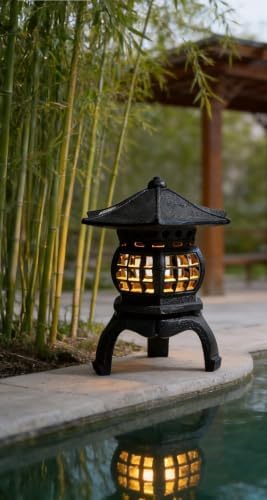 TIAAN Japanese Garden Lantern, “Yukimi-gata” Designed, Super Bright LED Illuminated Pagoda Light, Solar Power Garden Lantern， Stone-Look Finish, Decorative Outdoor (Oki-gata) - Image 4