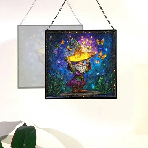 Magic Hat Gnome Stained Glass Suncatcher – Square Hanging Window Panel for Home or Greenhouse – Whimsical Glass Art Gift for Garden Lovers, Christmas, Halloween, Father Days IbK4m8 - Image 4