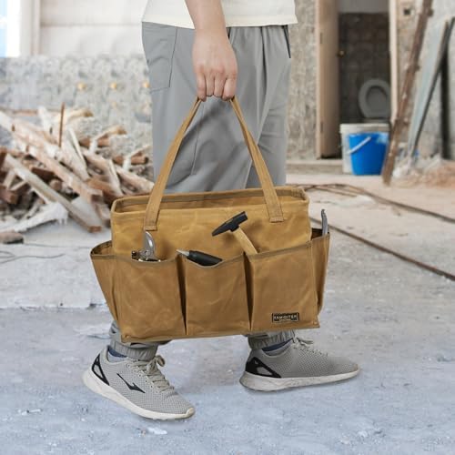 Durable 16OZ Waxed Canvas Tool Bag with Metal Frame, 15.5 Inch Large Collapsible Storage Tool Tote(Khaki | 15.5 X 7.5 X 10.5in) - Image 5