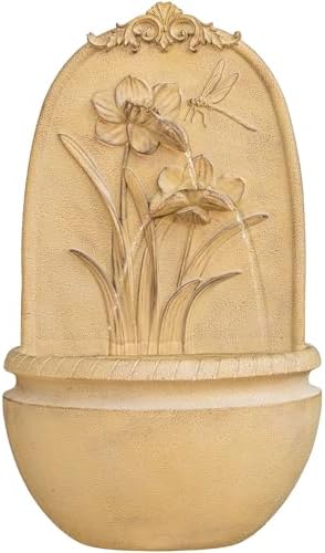 XBrand 31" in H Outdoor Wall Water Fountain with Pump- Khaki Flower with Dragonfly Design with Mesh Guard by XBrandHomeGarden