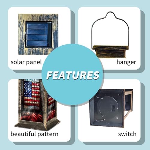 Solar Lantern Vintage Stained Glass American Flag Wrought Outdoor Waterproof Garden Hanging Lantern Solar Powered Lighting Outside Table Lamp for Patio Deck Camping 1 Pack - Image 4