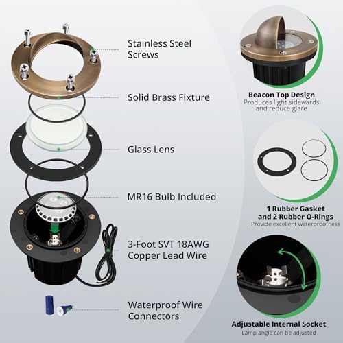 GKOLED LED Brass Well Lights, 12V In Ground Light Outdoor, IP67 Waterproof Low Voltage Landscape Lighting with MR16 Bulb and Swivel Base, 5W 140LM 2700K, Up Light for Garden Trees Bushes, Beacon Top - Image 4