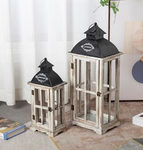 Set of 2 Large Decorative Wooden Metal Lanterns, Farmhouse Rustic Floor Candle Lanterns, Indoor/Outdoor Hanging Lanterns for Home Decor (No Glass) - Image 3