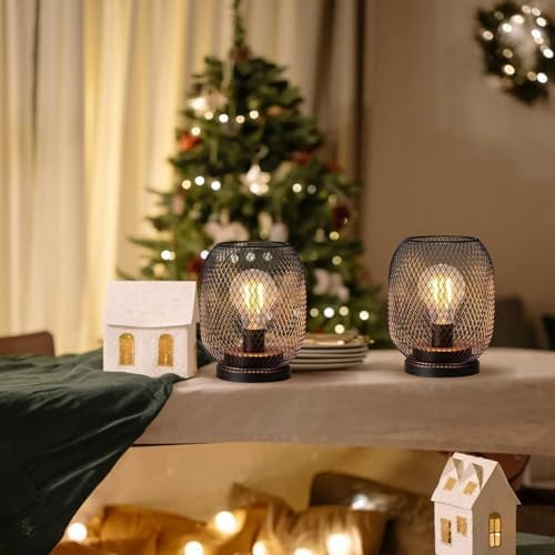 Set of 2 Battery Operated Lamp LED Table Lantern, Brown Metal Cage Cordless Lamps with LED Bulb，Vintage Decorative Outdoor Lantern for Weddings, Parties, Patio, Events for Indoors Shelf Decor - Image 6