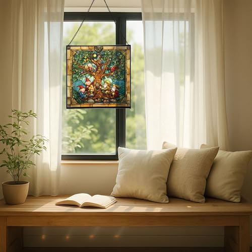 Gnome with Family Tree Stained Glass Suncatcher – Square Hanging Window Panel for Home, Garden, Nursery, Halloween, Christmas, Memorial Day – Whimsical Glass Art Gift for Gnome Lovers 1cp3fp - Image 7