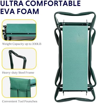 iPower Garden Kneeler and Seat Foldable Kneeling Bench with Sturdy Soft EVA Foam Pad for Outdoor, Fishing, Camping, 2 Tool Pouches Included, Green - Image 5