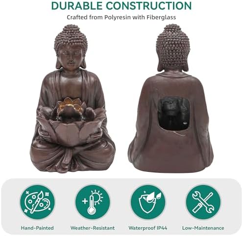 Zen Buddha Water Fountain Outdoor, 19" H Handcrafted Buddha Statue Water Feature with Soothing Waterfalls & Lights, Peaceful Oasis for Garden Patio Yard Deck Living Room Floor Tabletop Decor - Image 4