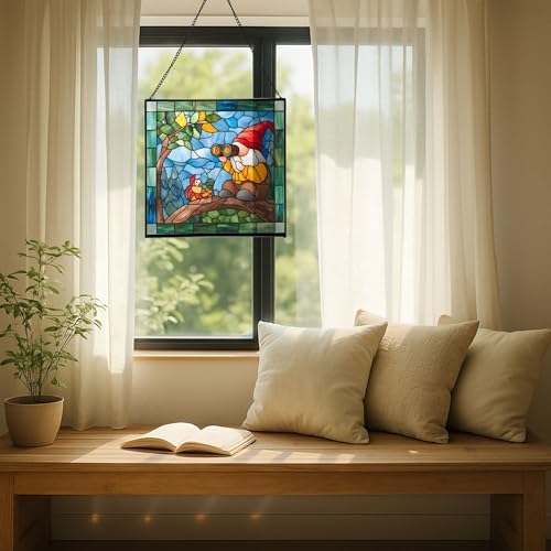 Gnome with Bird Watching Stained Glass Suncatcher – Square Hanging Window Panel for Home, Garden, Nursery, Halloween, Christmas, Memorial Day – Whimsical Glass Art Gift for Gnome Lovers yhkgtd - Image 7