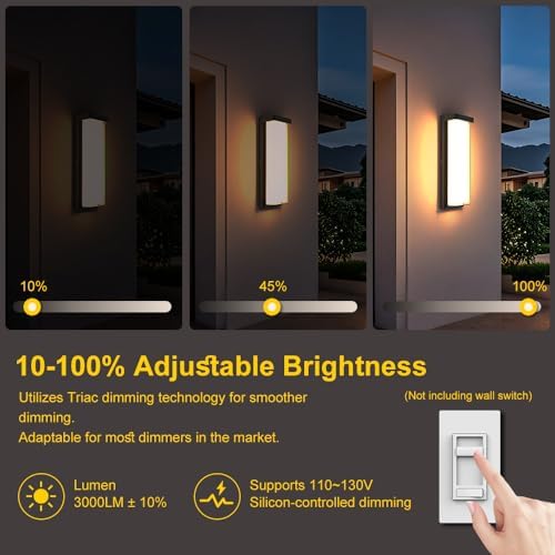 Sytmhoe Modern 2Pack Outdoor Wall Light Fixture,16in 10%-100% Dimming LED Porch&Patio Wall Light Fixture,3000K Black Exterior Sconce Light Mounted for House Garage Porch Courtyard(2Packs) - Image 2