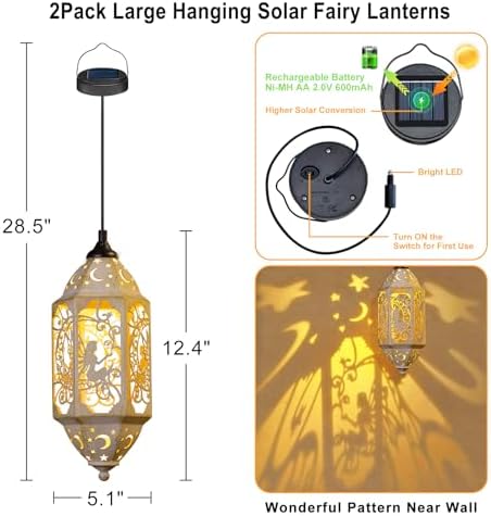 Big Outdoor Solar Lanterns Waterproof Garden Gifts for Women Mom Fairy Moon 12.4‘’ Metal Garden Lanterns Hanging Light for Patio Backyard Decorations, Mothers Day Birthday Gifts (Gold White,2Pack) - Image 5