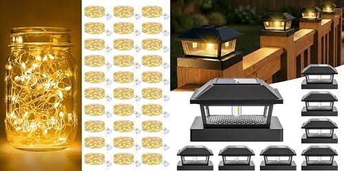 btfarm 30 Pack Fairy Lights Battery Operated [3 Modes] and 8 Pack 4x4 Solar Post Cap Lights with Edison LED Bulb Waterproof for Christmas Mason Jars Porch Patio Yard, Warm White by btfarmdecorativelighting