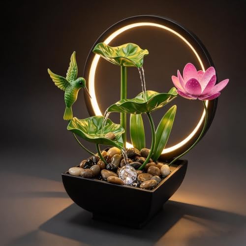 Tabletop Fountain,Indoor Water Fountain,Home Fengshui Décor Zen Relaxation Soothing Sound Machine for Office,Living Room,or Bedroom,Green Lotus,Hummingbird & Pink Flower,10.2inch by Unknown