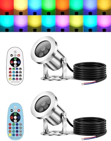 LED Pond Lights with Dual Remote Control, 6W SS316 Stainless Steel RGB Underwater Fountain Light, IP68 Waterproof Submersible LED Lights for Pond Waterfall, Koi Fish Pond (2 Pack) by MOTRACKCAO