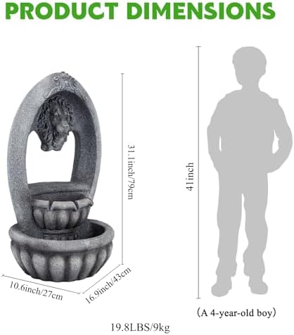Lion Head 2-Tier Outdoor Water Fountain, Resin & LED, 31.1 in - Image 3