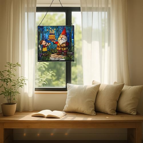 Gnome with Birthday Cake Stained Glass Suncatcher – Square Hanging Window Panel for Home, Garden, Nursery, Halloween, Christmas, Memorial Day – Whimsical Glass Art Gift for Gnome Lovers ttxab9 - Image 7