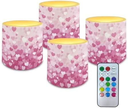 Set of 4 Flameless Candles Valentines Day Stylish Pink Heart Battery Operated LED Candles with Color Changing Timer Remote Control Tea Lights for Wedding Home Decorations by Merkmak