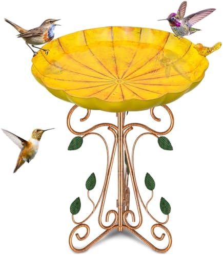 Vintage Metal Bird Bath for Outside, 13" Dia Birdbaths Bowl with Cast Iron Pedestal, Large Antique Bird Feeder with Folding Bracket for Outdoors Garden Patio Yard Decor (Retro Yellow) by Gouisalin