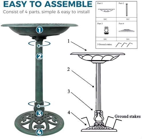 Bird Bath with Solar Fountain Tall Set - Large Resin Bird Bath for Outdoors Garden Decor - Heavy Duty Bird Baths for Clearance Made in USA - Perfect Addition to Your Backyard(Green) - Image 5