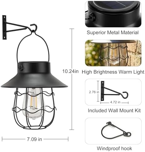 Livinlarge Hanging Solar Lanterns Waterproof,2 Pack Outdoor Metal Solar Lights with Wall Hooks Windproof Hook,Retro Solar Lantern Auto On/Off for Yard Garden Pathway Patio Porch Decor (Black) - Image 3