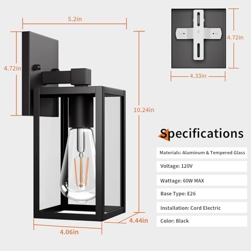Outdoor Light Fixtures Wall Mount, Waterproof Front Porch Lights, Modern Exterior Lighting Fixtures with E26 Socket, Black Wall Sconces Lantern Lamp, Outside Lights for House, Garage, Patio (2 Pack） - Image 6