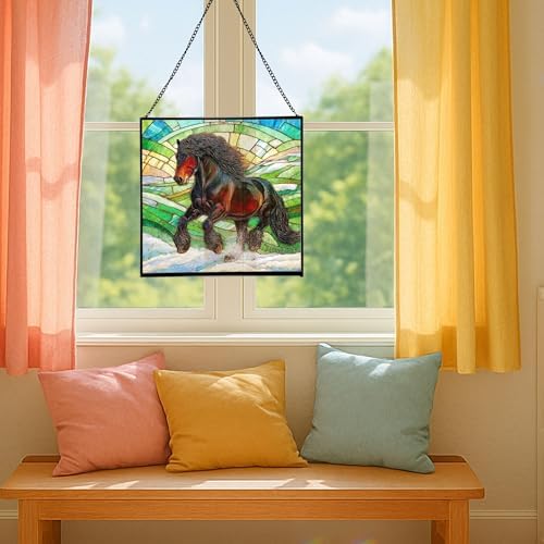 Black Icelandic Horse Climbing Snowy Slope Square Suncatcher – Stained Glass Style Window Panel with Pastoral Scene, Custom Decorative Hanging Art for Equestrian Home, Christmas AU2nfq - Image 5