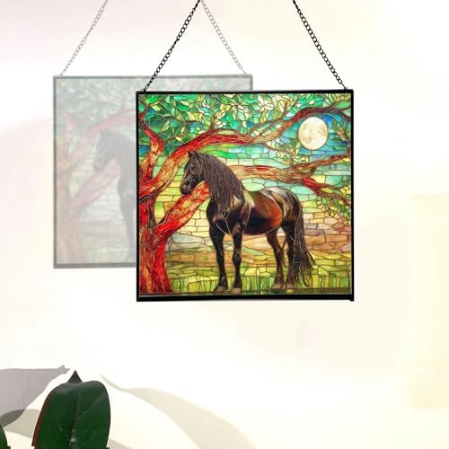 Black Horse Standing Beneath Ancient Tree Square Suncatcher – Stained Glass Style Window Panel with Pastoral Scene, Custom Decorative Hanging Art for Equestrian Home, Christmas vR93jU - Image 4