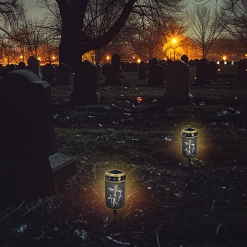 Poceacles Solar Powered Outdoor Lights Cemetery Solar Memorial Lights Outdoor Waterproof Landscape Candles for Yard Patio Lawn Home Decor, Cross Print Black, Set of 4 - Image 4