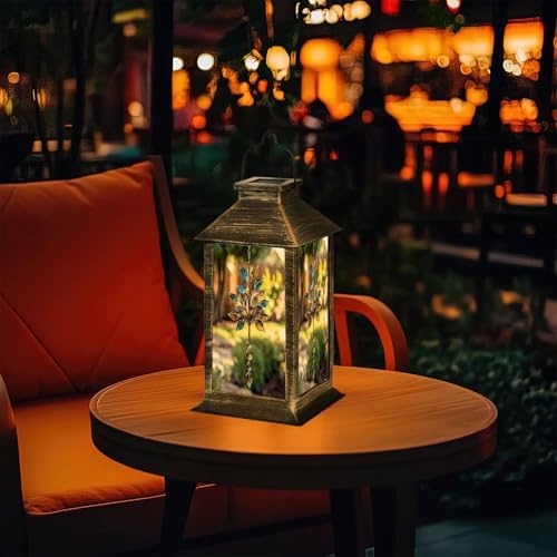 Solar Lantern Tree Stained Glass Brown Blue Clear Leaves Metal Outdoor Waterproof Garden Hanging Lantern Solar Powered Lighting Outside Table Lamp for Patio Deck Camping 1 Pack - Image 7