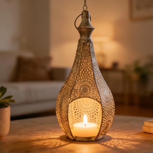 Decorative Candle Holder, Moroccan Lantern Lamp with Intricate Hollow Design, Gourd Shaped Metal Hanging Light, Bohemian Decor for Living Room, Bedroom, Ramadan Decoration - Image 3